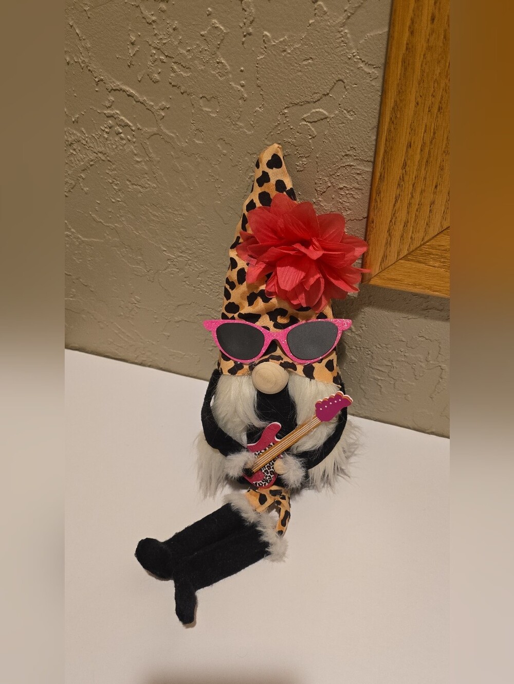Decorative Sitting Gnome Leopard Pants & Hat Pink Sunglasses Guitar Flowers